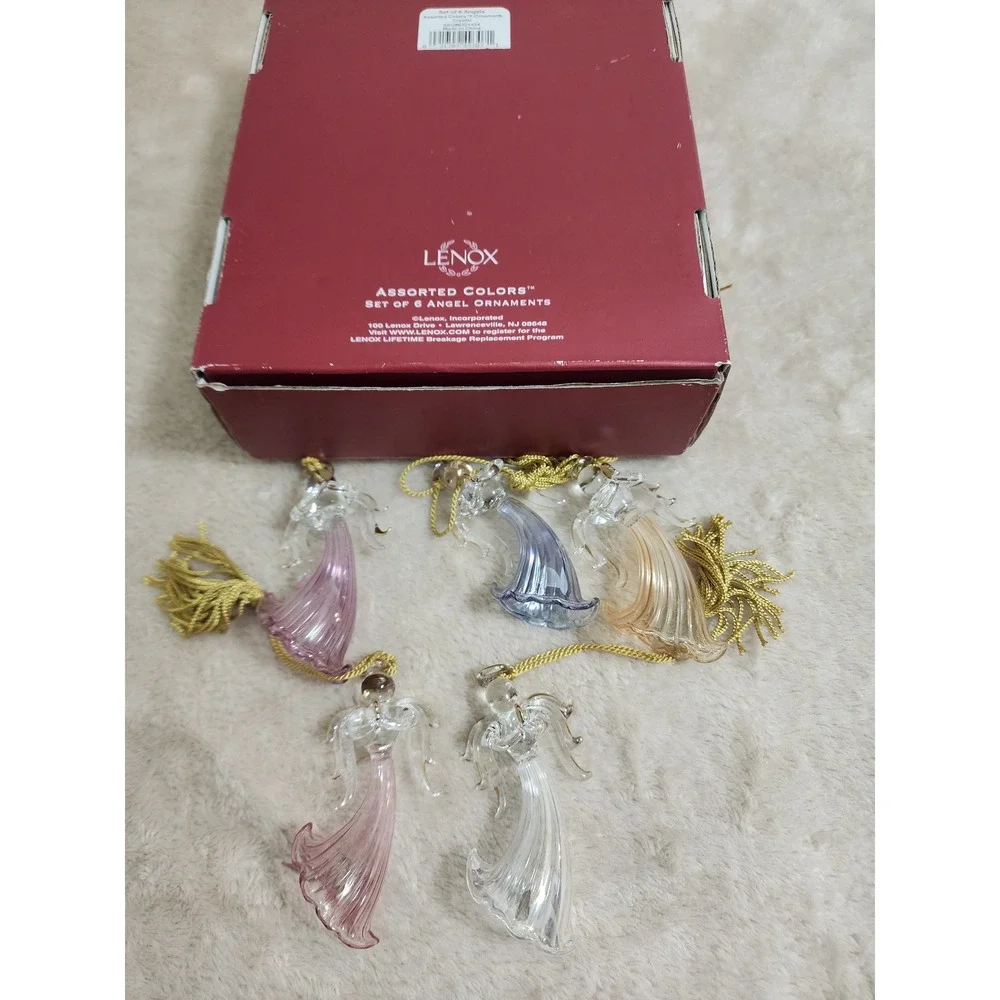 Lenox Crystal Angel Ornaments Set of 5 Assorted Colors Spun Glass Gold Tassels